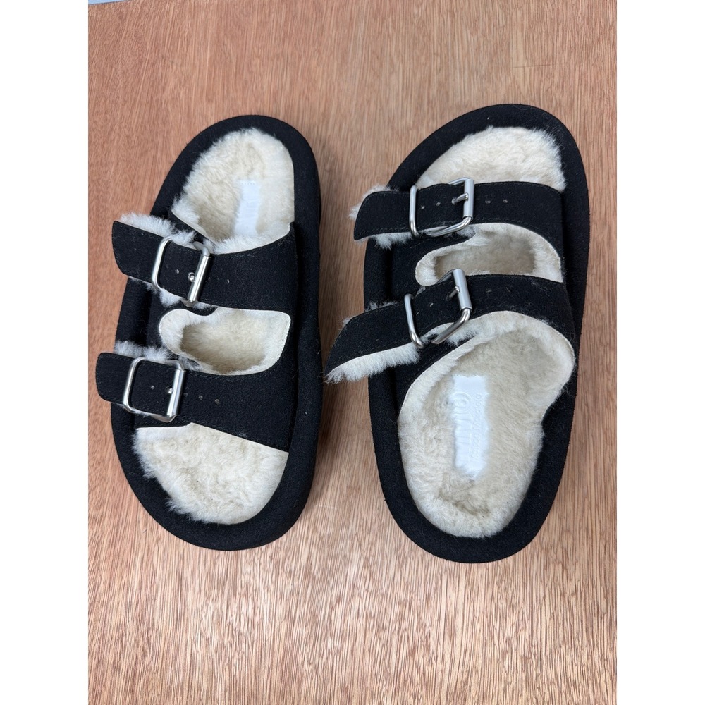 MM6 Maison Margiela Black Shearling Sunken Footbed Sandals Slides EU 37 US 7 NEW